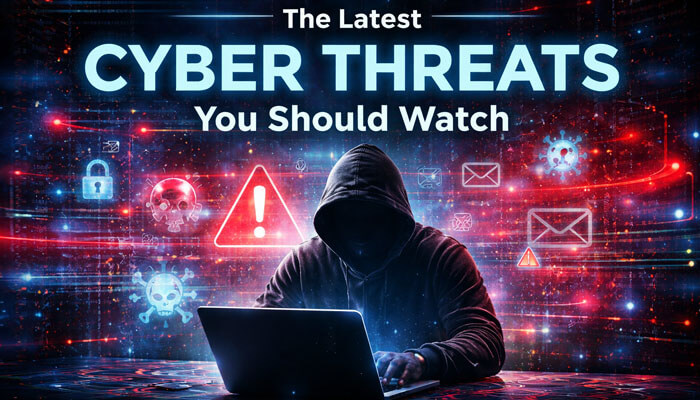 The Latest Cyber Threats You Should Watch - Startupeditor | Startup Editor Droven io Cybersecurity Updates image showing a hacker, warning symbols, and the latest cyber threats businesses should watch