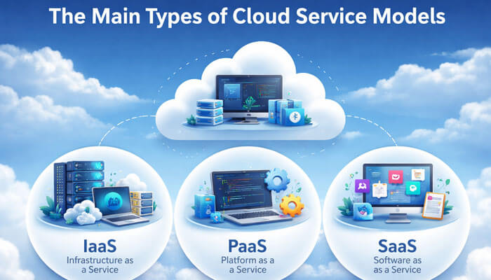 The Main Types of Cloud Service Models - Startupeditor | Startup Editor Droven.io Cloud Computing Guide illustration showing the main cloud service models IaaS, PaaS, and SaaS