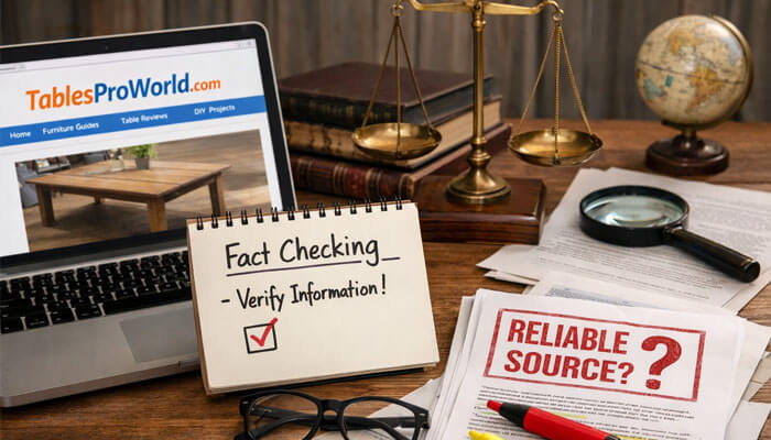 Transparency and Trust Signals - Startup Editor | Startup Editor Image featuring a review of TablesProWorld.com, emphasizing the importance of fact-checking and verifying information. The image includes a laptop displaying TablesProWorld.com with furniture content, a notepad with the text 'Fact Checking - Verify Information,' a magnifying glass, and papers with the phrase 'Reliable Source?' symbolizing the scrutiny of the website’s credibility and trust signals.