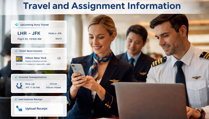 Travel and Assignment Information - Startup Editor | Startup Editor A female crew member using a mobile device to manage travel and assignment information through a Crew Self Service platform, while a male pilot works on a laptop. The image illustrates how Crew Self Service simplifies the process of managing duty travel, hotel reservations, ground transportation, and expense receipts for aviation professionals, empowering them to handle key logistics efficiently and independently in 2026.