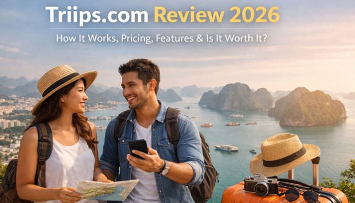 Triips.com Review 2026 A comprehensive look at Triips, a paid flight alert service designed for budget conscious travelers. This image highlights a couple using Triips to find discounted flights, set against a stunning travel destination. The review covers how Triips works, its pricing, features, and whether it is worth the cost for travelers in 2026.