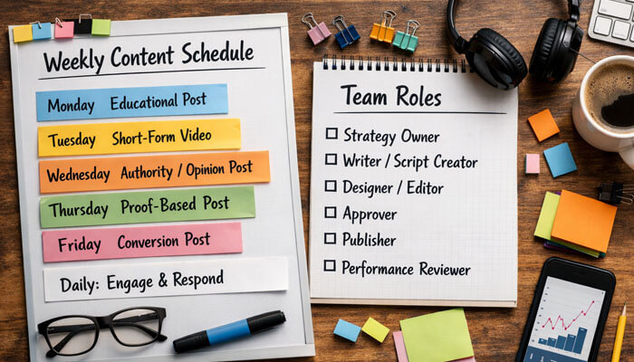 Turn the Strategy Into a Content Calendar Cadence and Ownership System - Startupeditor | Startup Editor How to Build a Successful Social Media Strategy using a weekly content calendar, posting cadence, team roles, and content ownership system