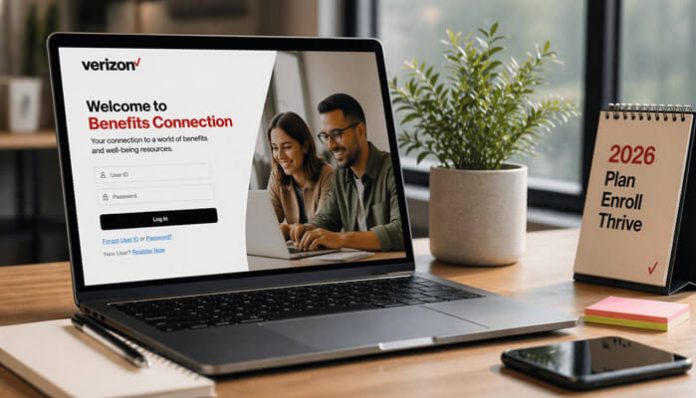 Verizon Benefits Connection Login page open on a laptop beside a 2026 plan enrollment guide in a home office setting