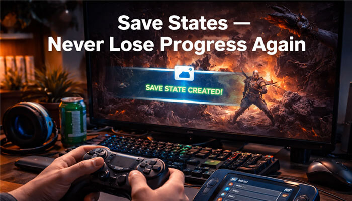 Save States — Never Lose Progress Again - Startup Editor | Startup Editor Instructions Manual HSSGameStick showcasing the 'Save States' feature, with a user holding a controller while playing a game on a desktop screen. The 'Save State Created' notification emphasizes the ability to preserve gaming progress.