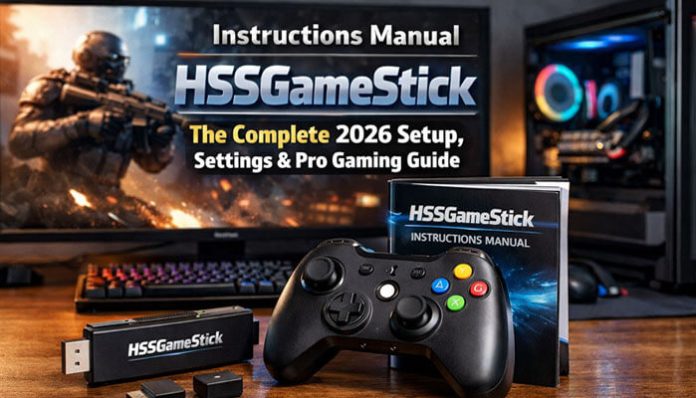Instructions Manual HSSGameStick displayed with USB gaming stick, wireless controller and setup guide in front of a gaming PC and monitor, highlighting the complete 2026 setup and pro gaming guide experience
