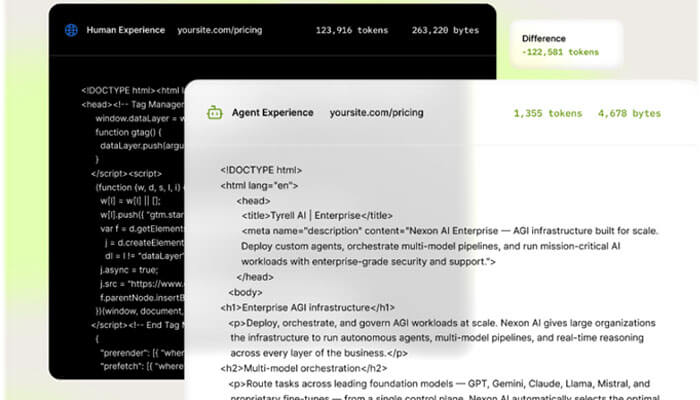 Websites that AI agents cant reliably parse - Startupeditor | Startup Editor Overlay of two dashboards: code snippet on a dark panel behind and a rendered HTML page in front, plus token/byte metrics.