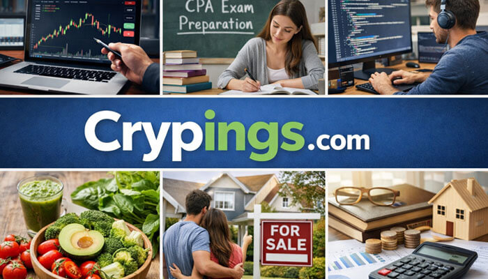 What Content Does Crypings com Publish - Startup Editor | Startup Editor Overview of Crypings.com, showcasing diverse content including crypto trading, education, personal finance, real estate, and healthy living.