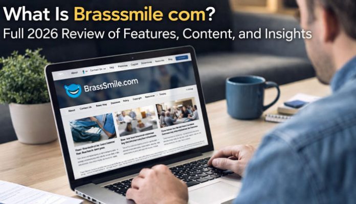 Brasssmile.com website overview featuring a comprehensive 2026 review of its features, content, and insights. The image displays a user browsing the site on a laptop, showcasing its various sections, including articles and resources, which highlight Brasssmile's offerings in a professional and modern layout. This review provides an in-depth analysis of Brasssmile.com, helping users understand its purpose, credibility, and content structure.
