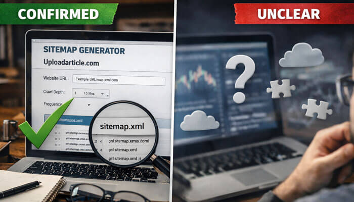 What Is Confirmed - Startupeditor | Startup Editor Sitemap Generator Uploadarticle.com comparison image showing what is confirmed and what is still unclear about the tool