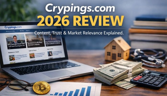 Overview of Crypings.com, highlighting its content, trust, and market relevance. The image features a laptop displaying Crypings.com, along with Bitcoin, financial tools, and a house model.