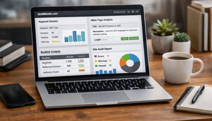 SpellMistake.com SEO dashboard on a laptop showing keyword analysis, backlink checks, and audit reports