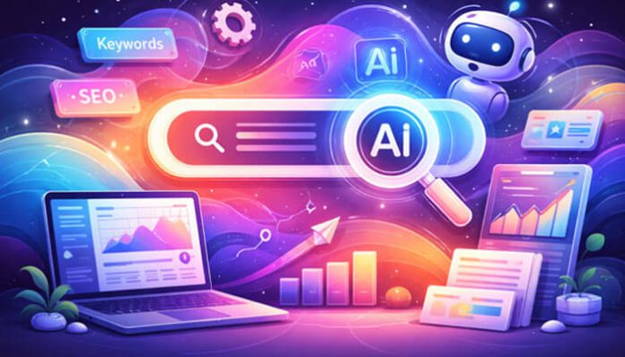 Futuristic AI search concept with a magnifying glass over a search bar, laptop, charts, and a friendly robot.