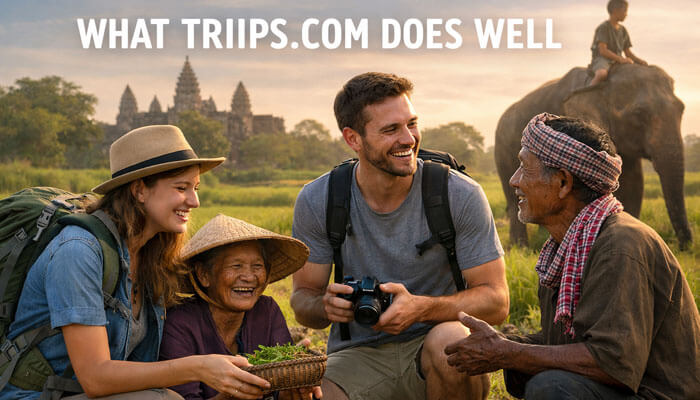 What Triips com Does Well - Startup Editor | Startup Editor Triips.com Review What Triips.com Does Well A detailed exploration of Triips.com’s strengths, featuring travelers interacting with locals in a picturesque setting. Triips.com excels at providing budget friendly flight deals, making it an ideal service for flexible travelers looking to save money on airfares. This image showcases the joy and cultural immersion that Triips.com aims to bring to its users.