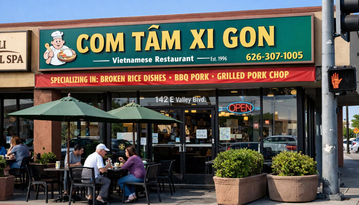 Where Is Com Tam Xi Gon Located - Startup Editor | Startup Editor Exterior view of Com Tam Xi Gon Vietnamese Restaurant, located at 142 E Valley Blvd, known for its specialty in broken rice dishes, BBQ pork, and grilled pork chop, providing a welcoming atmosphere for diners.