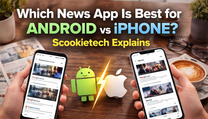 Which News App Is Best for Android vs iPhone? Scookietech Explains - Startup Editor | Startup Editor Which News App Is the Best Scookietech? showing comparison of best news apps on Android and iPhone screens with Android robot and Apple logo for 2026 guide.