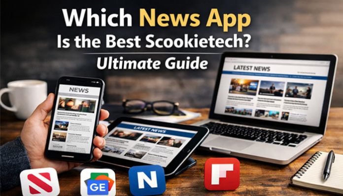 Which News App Is the Best Scookietech? Visual showing multiple top news apps on smartphone, tablet, and laptop screens representing the ultimate 2026 news app comparison guide by Scookietech.