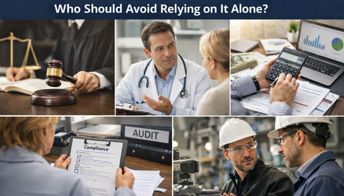 Who Should Avoid Relying on It Alone - Startup editor | Startup Editor PrVelocityStream com review highlighting professionals from various fields legal, medical, financial, and industrial who should avoid relying solely on automated information sources for critical decision-making. This image reinforces the importance of verifying content, understanding industry-specific requirements, and consulting expert advice in fields like compliance, audit, healthcare, and law.