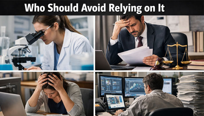 Who Should Avoid Relying on It - Startup Editor | Startup Editor Glossywise com Trustworthiness: A guide on who should avoid relying on Glossywise.com for expert-level advice. This image features professionals in various fields such as science, law, finance, and technology, each potentially facing challenges when using general content websites like Glossywise.com. The focus is on individuals in need of specialized expertise, such as legal, medical, or financial decisions, who may require more reliable, authoritative sources than those provided by Glossywise.com.