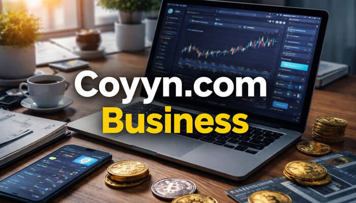 Why Coyyn | Startup Editor Coyyn.com Business featured image with laptop trading dashboard, smartphone app, and cryptocurrency coins on a professional desk