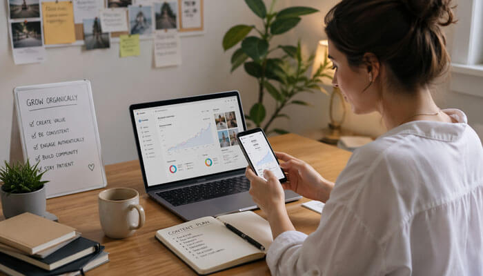 Why Some Accounts Get Views but Still Dont Gain Followers - Startupeditor | Startup Editor How to Get Social Media Followers Organically with a marketer reviewing content analytics on laptop and phone