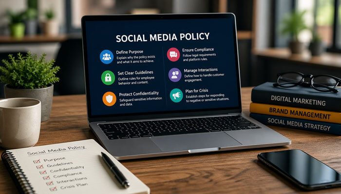 Why Your Business Needs a Social Media Policy in 2026 - Startupeditor | Startup Editor Laptop showing how to write a social media policy with key company guidelines