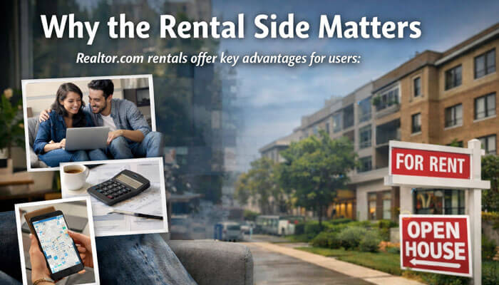 Why the rental side matters - Startup Editor | Startup Editor Realtor.com rental section highlights key features, offering users easy access to rental listings, rental tools, and the ability to explore open houses. This image showcases how Realtor.com simplifies the rental search process, with visuals of people browsing listings and utilizing mobile tools to compare rental properties.