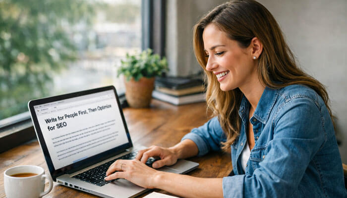 Write for People First Then Optimize for SEO - Startup Editor | Startup Editor How to Write a Blog Post for Social Media?64/100 image showing a writer creating people first, SEO optimized content on a laptop, highlighting blog writing, search visibility, user focused structure, and social media content strategy