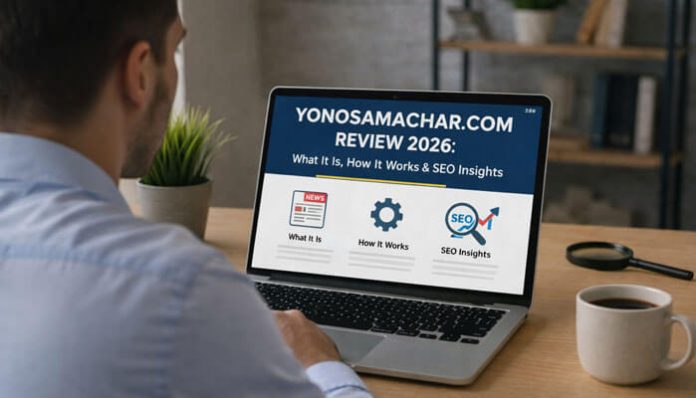 Yonosamachar.com Review 2026 Overview of its Features, How It Works, and SEO Insights A man reviewing the Yonosamachar.com platform's interface on a laptop, displaying the sections What It Is, How It Works, and SEO Insights. The website offers insights into the site's functionality, its SEO potential, and user engagement across multiple content categories