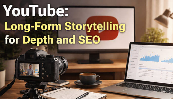 YouTube Long-Form Storytelling for Depth and SEO - Startup Editor | Startup Editor Bouncemediagroupcom Social Stat: YouTube long-form storytelling for depth and SEO optimization, featuring a video recording setup with a camera and a laptop displaying audience analytics and performance metrics.