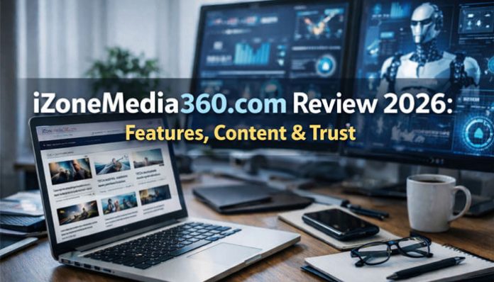 iZoneMedia360.com Review 2026, featuring an in-depth look at the site's features, content offerings, and trust signals. This image highlights the tech focused website with a focus on startup trends, AI innovation, and digital transformation insights.