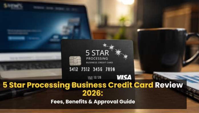 5 Star Processing Business Credit Card review image showing a business credit card on an office desk with laptop, coffee cup, and financial documents.