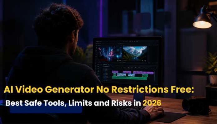 Person using an AI Video Generator No Restrictions Free tool to create cinematic video content on a desktop setup