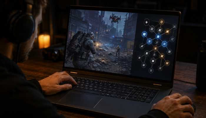 ARC Raiders Best Skill Tree for PvP | Startup Editor Gamer using a laptop showing ARC Raiders gameplay and the ARC Raiders best skill tree interface.