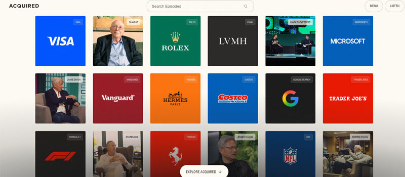 Acquired - Startupeditor | Startup Editor Best Podcasts for Startup Founders screenshot showing Acquired podcast episodes and business case studies