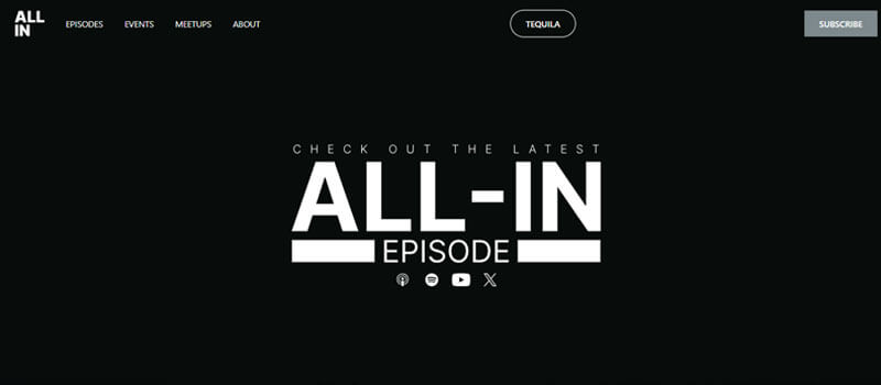 All-In Podcast - Startupeditor | Startup Editor Best Podcasts for Startup Founders screenshot showing All-In Podcast homepage for market and tech discussions