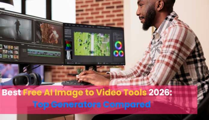Best Free AI Image to Video Tools 2026 comparison showing a video editor working on multiple screens with AI-generated video content.