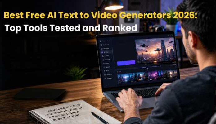 Man editing videos on a laptop with a multi-panel video editor on screen; headline reads 'Best Free AI Text to Video Generators 2026: Top Tools Tested and Ranked' (article hero image). It also shows a notebook on the desk.