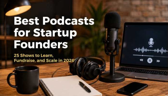 Best Podcasts for Startup Founders featured image with podcast microphone, headphones, laptop, notebook, and startup learning setup