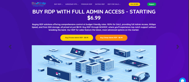 BoxRDP - Startupeditor | Startup Editor Hero banner promoting RDP with full admin access starting at .99 on a purple backdrop with two yellow action buttons and an isometric data-center illustration.