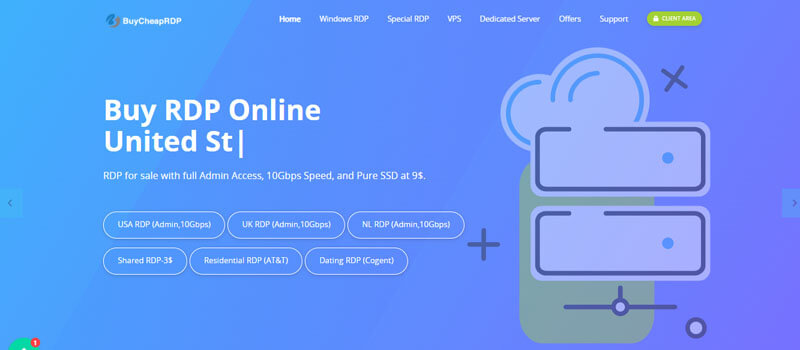 BuyCheapRDP - Startupeditor | Startup Editor Blue gradient hero banner with BuyCheapRDP logo, top navigation, and large text 'Buy RDP Online United States' beside a stylized cloud and server illustration on the right.