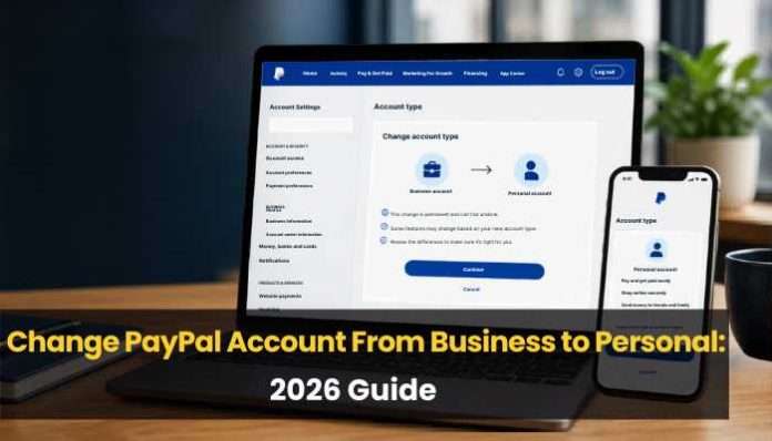 Change PayPal Account From Business to Personal guide showing a PayPal account type screen on laptop and mobile.
