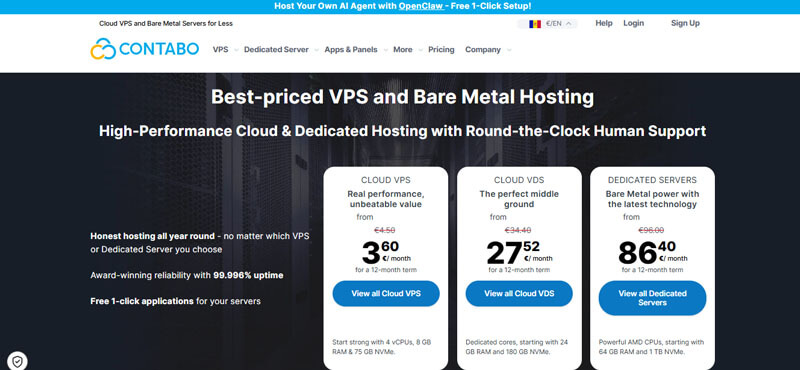 Contabo VPS - Startupeditor | Startup Editor Hero banner for Contabo hosting with the headline 'Best-priced VPS and Bare Metal Hosting' and three pricing cards (Cloud VPS, Cloud VDS, Dedicated Servers) on a dark background, highlighting affordable plans.