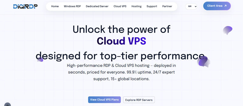 DigiRDP - Startupeditor | Startup Editor Hero banner for DigiRDP promoting Cloud VPS: 'Unlock the power of Cloud VPS designed for top-tier performance' with a subheading and two CTA buttons: 'View Cloud VPS Plans' and 'Explore RDP Servers'