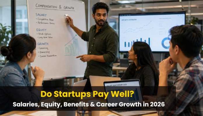 Do Startups Pay Well article image showing a startup team discussing salary, equity, benefits, and career growth in a modern office.