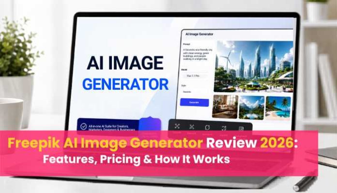 Freepik AI Image Generator review displayed on a laptop screen with AI image creation features, pricing, and how it works.