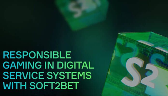Banner text: 'Responsible gaming in digital service systems with Soft2Bet' on a dark teal background with a glowing cube motif, left-aligned text and S2 badge on the right