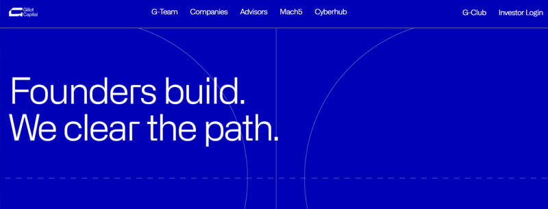 Glilot Capital - Startupeditor | Startup Editor Blue corporate homepage hero with white slogan 'Founders build. We clear the path.' on the left and a blue background with curved circle graphics and a top navigation bar.