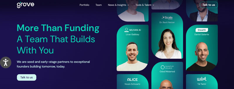 Grove Ventures - Startupeditor | Startup Editor Hero banner for Grove: dark gradient hero with a teal, bold headline on the left and a collage of rounded portrait tiles on the right, plus a 'Talk to us' button and descriptive copy beneath.