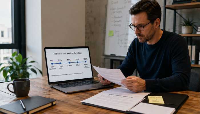 How Startup Equity Vesting Works | Startup Editor Do Startups Pay Well image showing a professional reviewing startup equity vesting and compensation documents on a laptop.