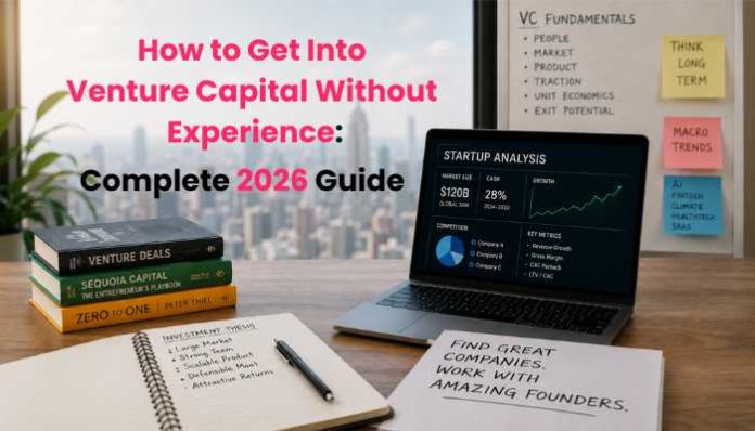 How to Get Into Venture Capital Without Experience featured image showing a VC workspace with startup notes, laptop analytics, and investment research.